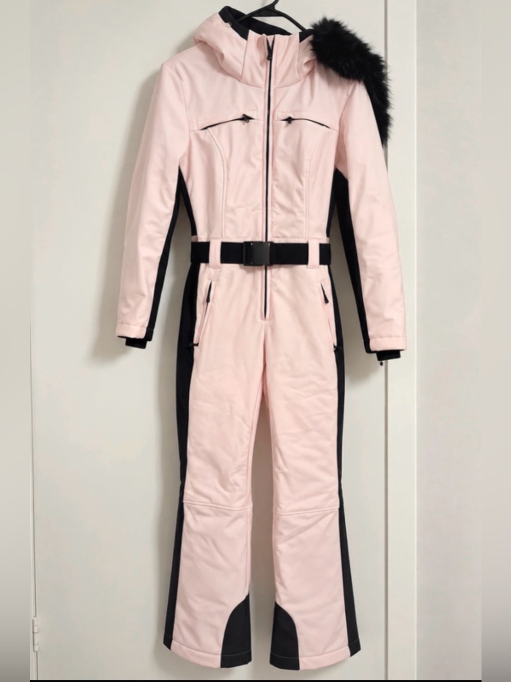 Zara Light Pink and Black Women's Ski Jumpsuit with Belt